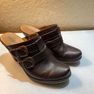 Bjorndal Brown Stack Heel Mules w/ double strap buckles size 7.5M